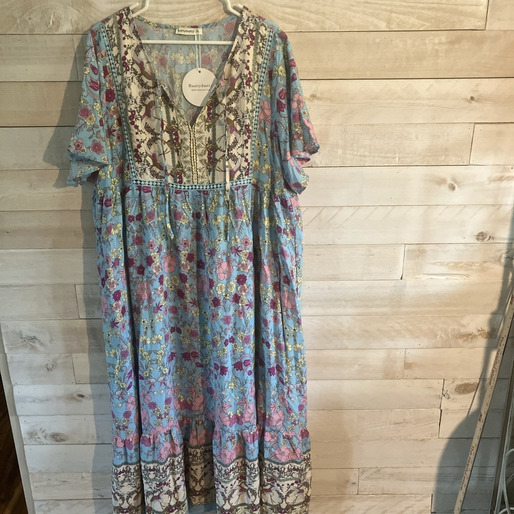 Rusttydustty Tie Neck Flutter Sleeve Maxi Dress 2XL Blue Multi Floral Bird Print